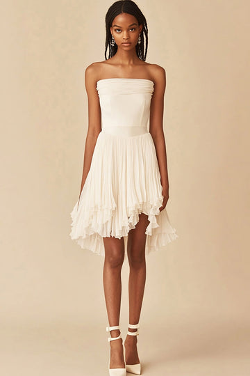 White Chiffon Strapless A Line Short Graduation Dress with Ruffles
